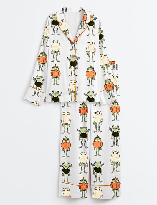 Women’s Halloween Frogs Spooky Cute Toad And Frog In Pumpkin Ghost And Bat Long Sleeve Satin Pajama Set