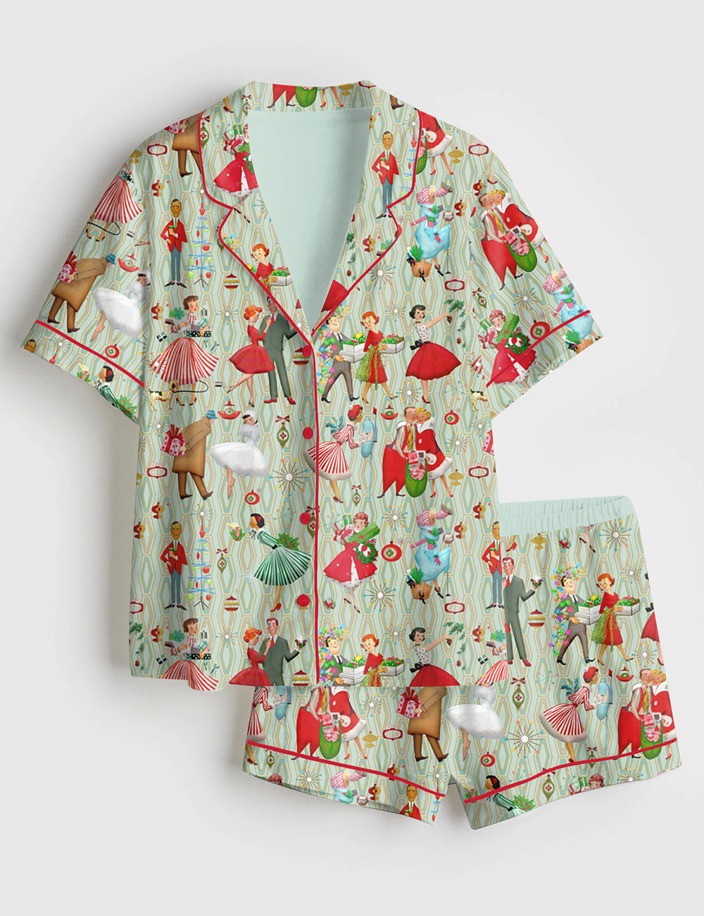 Women's 1950s Retro Vintage Christmas Short Sleeve Satin Pajama Set