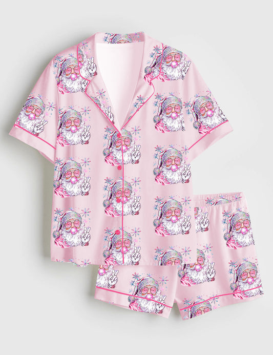 Women’s Retro Santa Christmas Blowing Bubble Funny Santa With Sunglasses Xmas Short Sleeve Satin Pajama Set