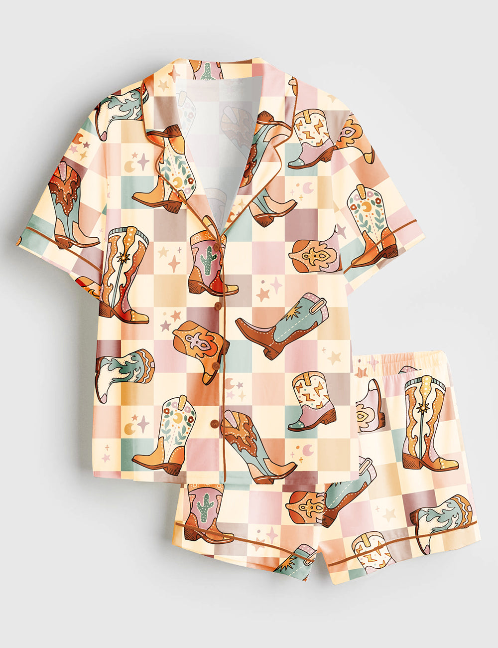 Women’s Colorful Plaid Western Cowboy Boot Short Sleeve Satin Pajama Set