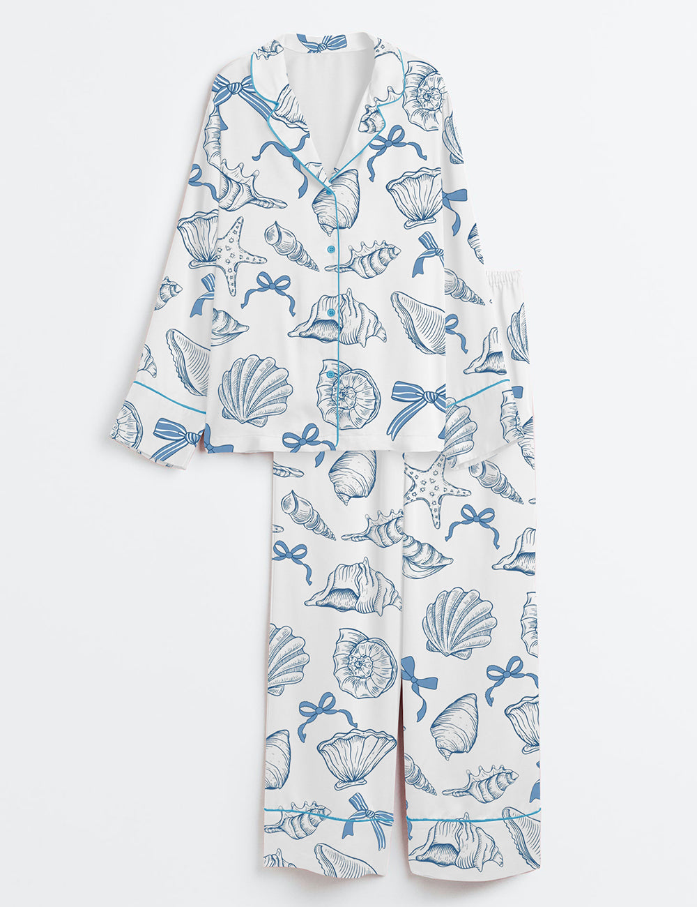 Women's Coastal Whimsical Style Coquette Seashell Summer Vibes Long Sleeve Satin Pajama Set