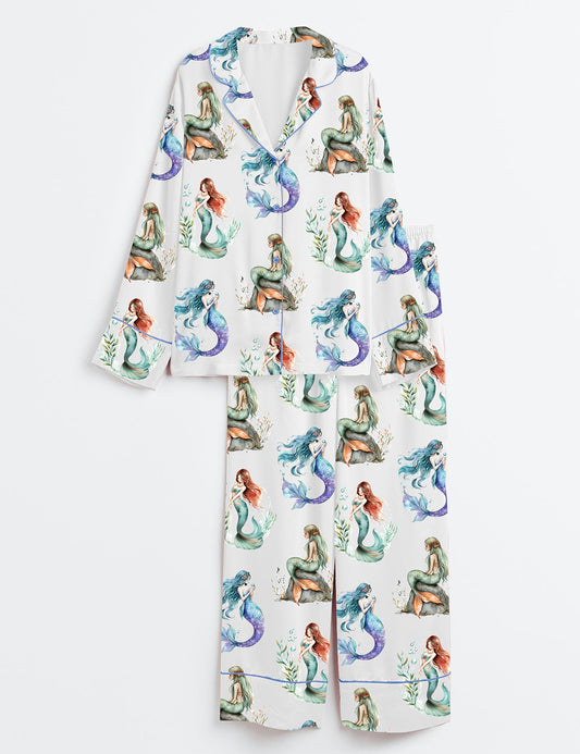 Women’s Mermaid Mermaids Pear Long Sleeve Satin Pajama Set