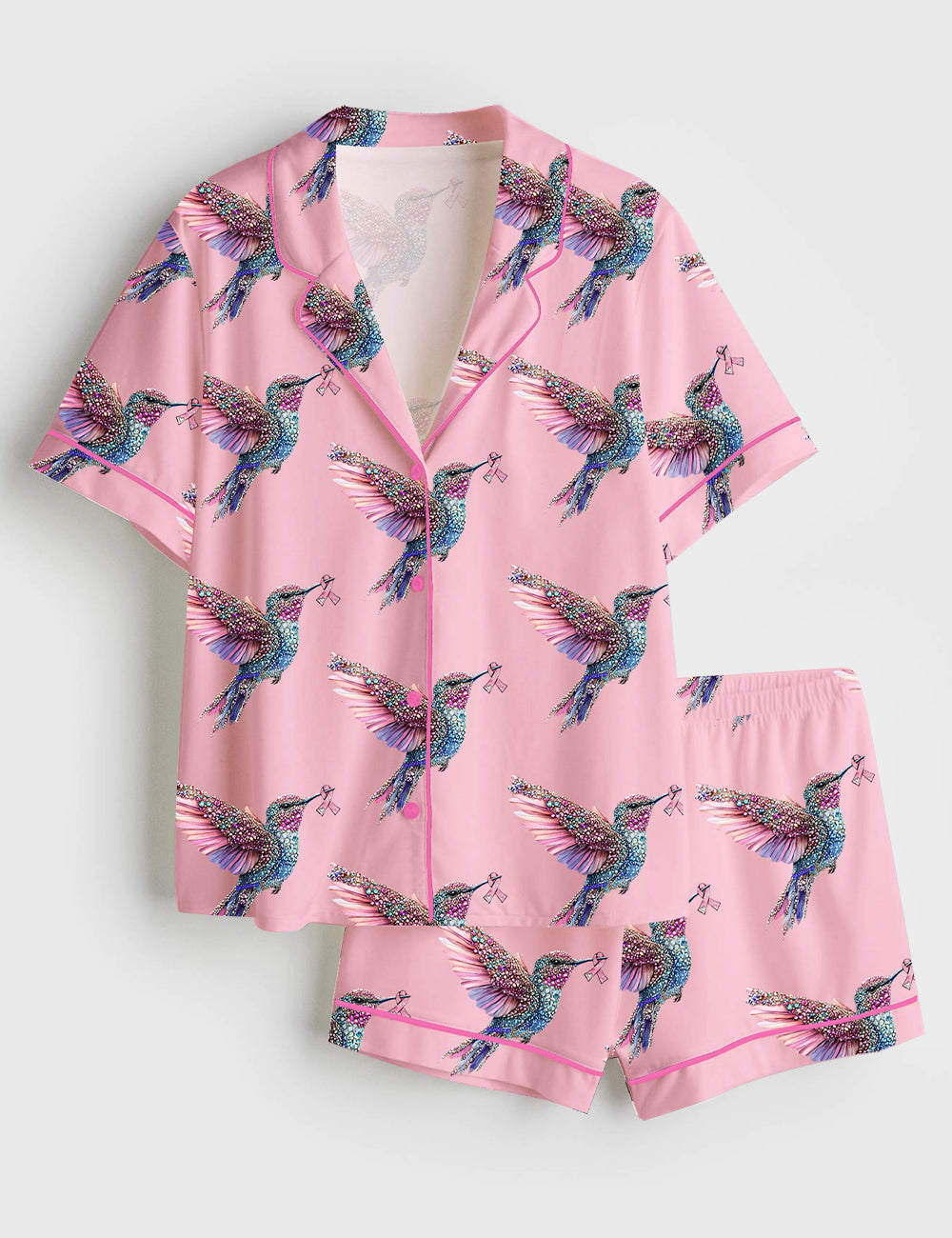 Women’s Shinny Pink Bird Breast Cancer Awareness Short Sleeve Satin Pajama Set