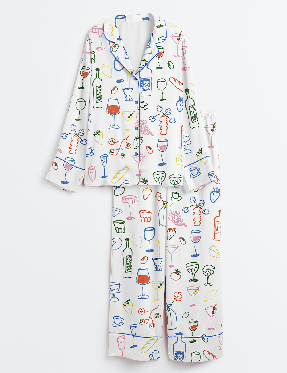 Women's Retro Dinner Table Food and Drinks Long Sleeve Satin Pajama Set