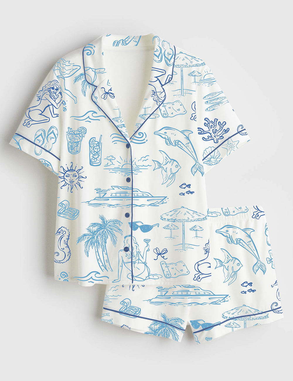 Women’s Coastal Seaside Ocean Bachelorette Party Short Sleeve Satin Pajama Set