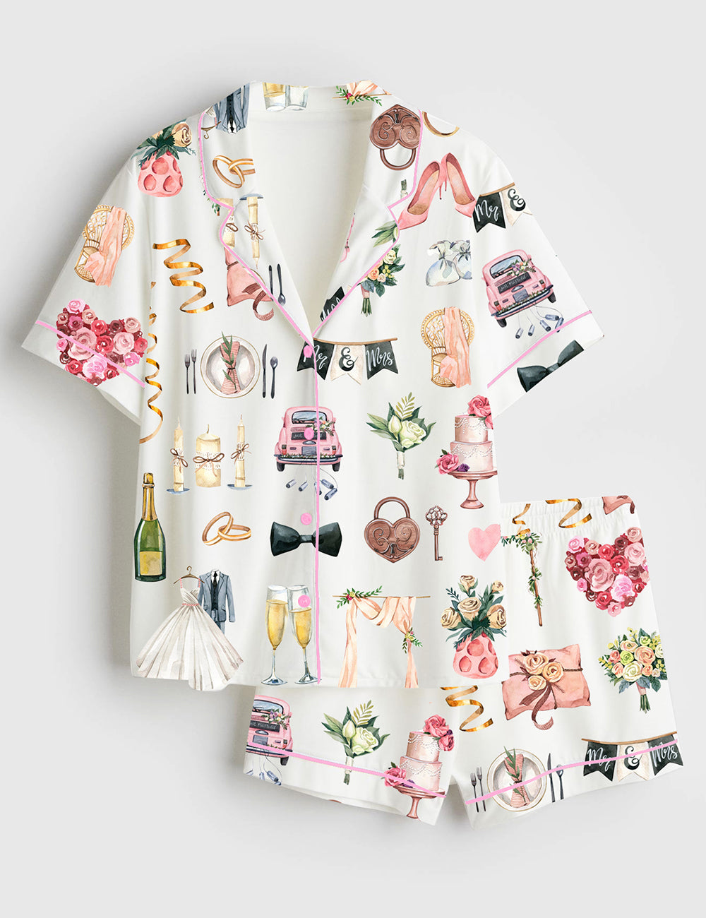 Women’s Wedding Watercolor Bride Marriage Clipart Short Sleeve Satin Pajama Set