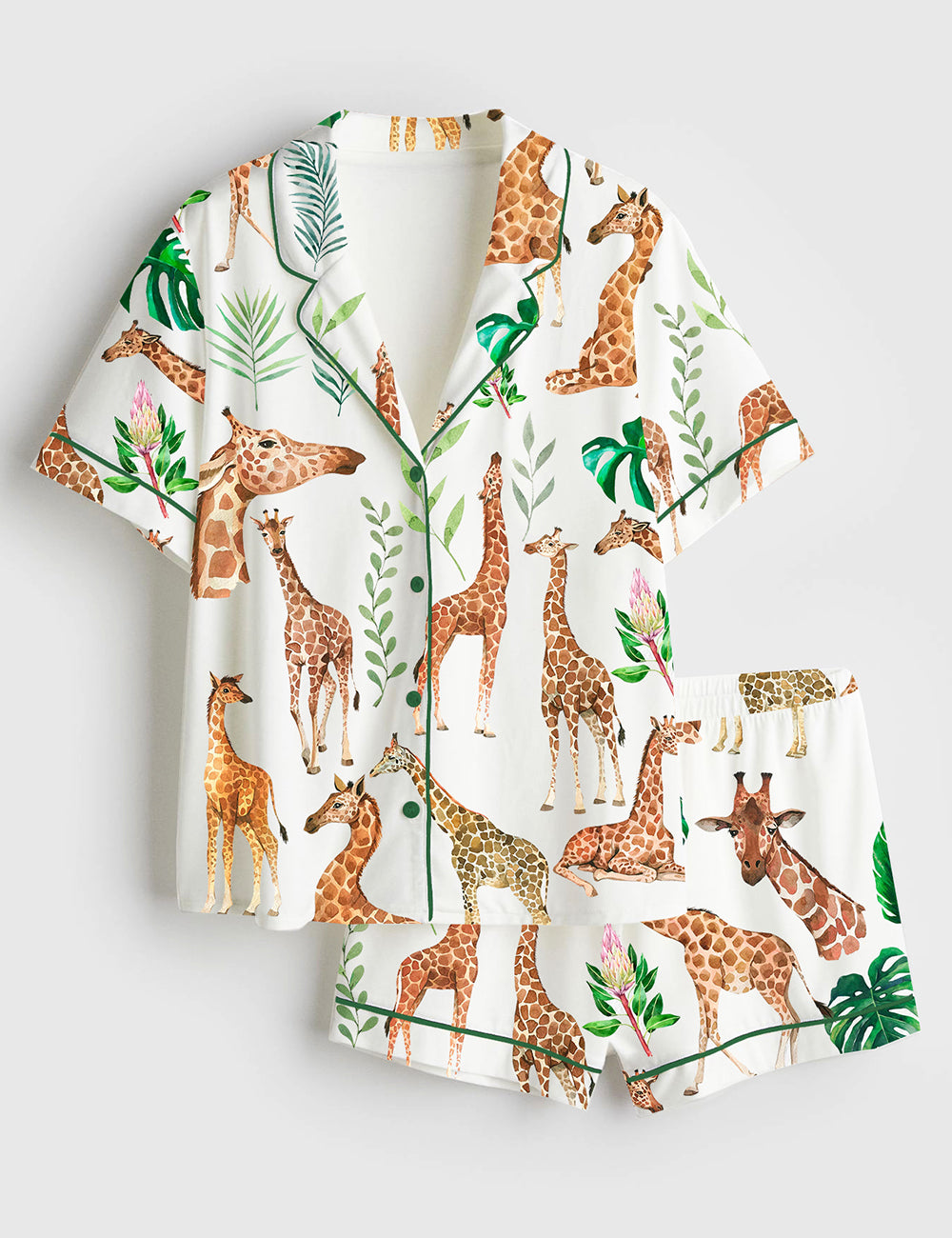 Women's Watercolor Giraffe Animal Safari Nursery Tropical Leaves Short Sleeve Satin Pajama Set