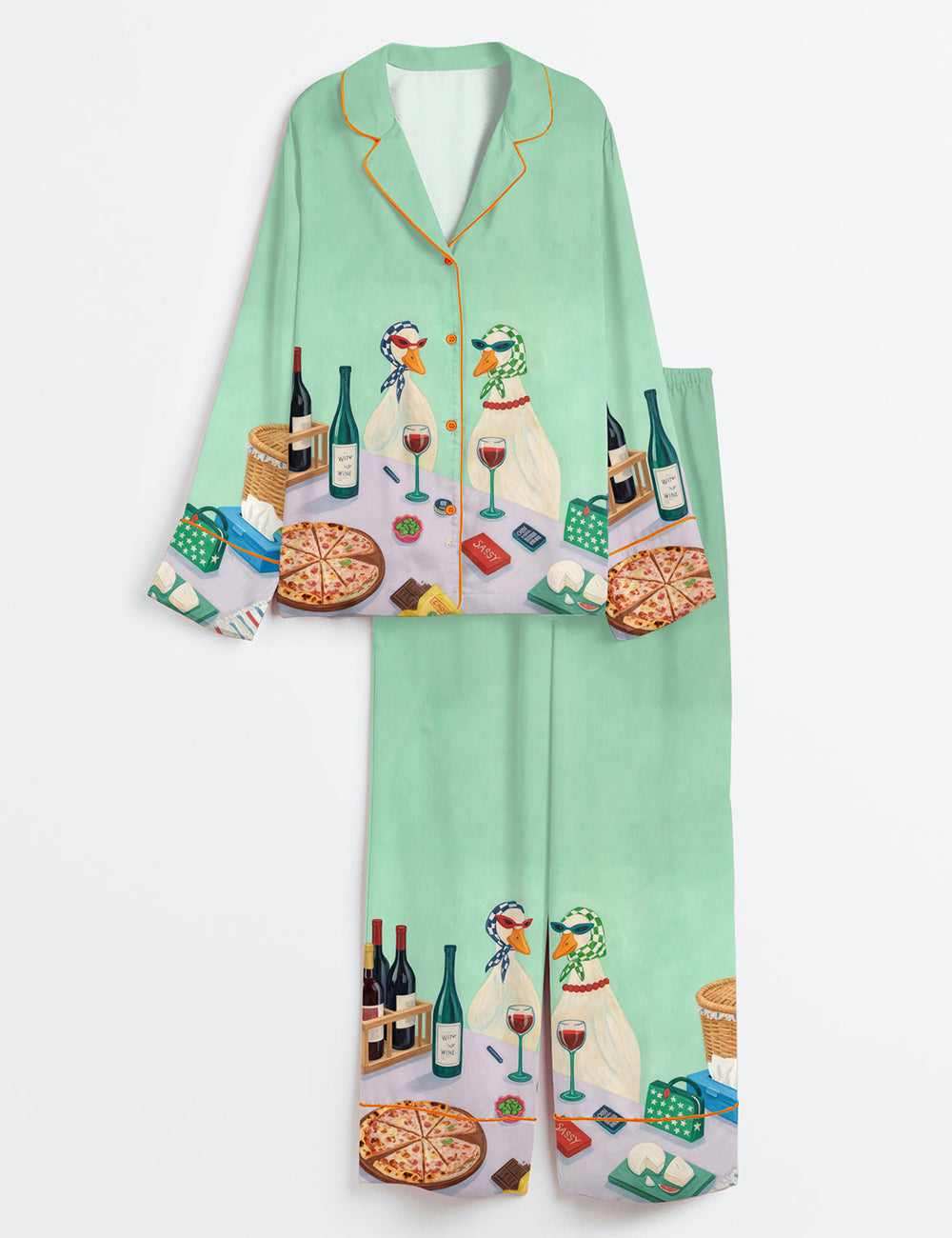 Women’s Funny Duck Wine Quirky Stylish Ducks Cheese And Wine Scene Long Sleeve Satin Pajama Set