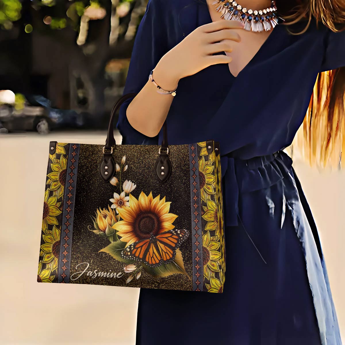 Lorva Personalized Leather Bag Golden Bloom Monarch