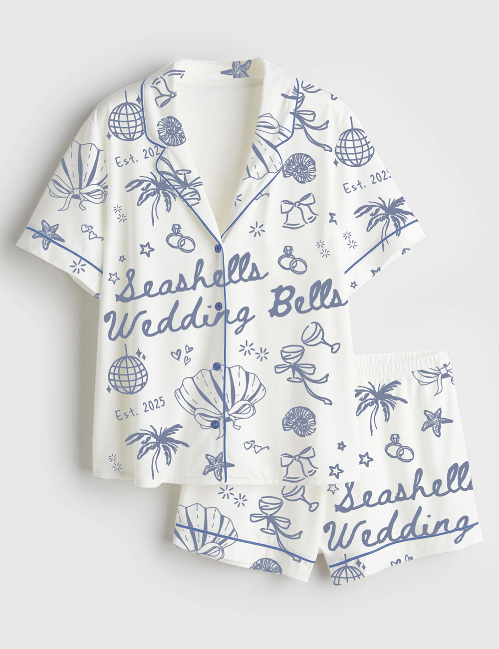 Women’s Seashells And Wedding Bells Bachelorette Beach Bachelorette Seashell Hens Party Print Short Sleeve Satin Pajama Set