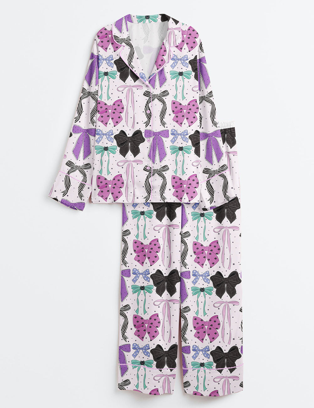 Women’s Halloween Purple Bows Black Cat Coquette Girly Purple And Teal Print Long Sleeve Satin Pajama Set