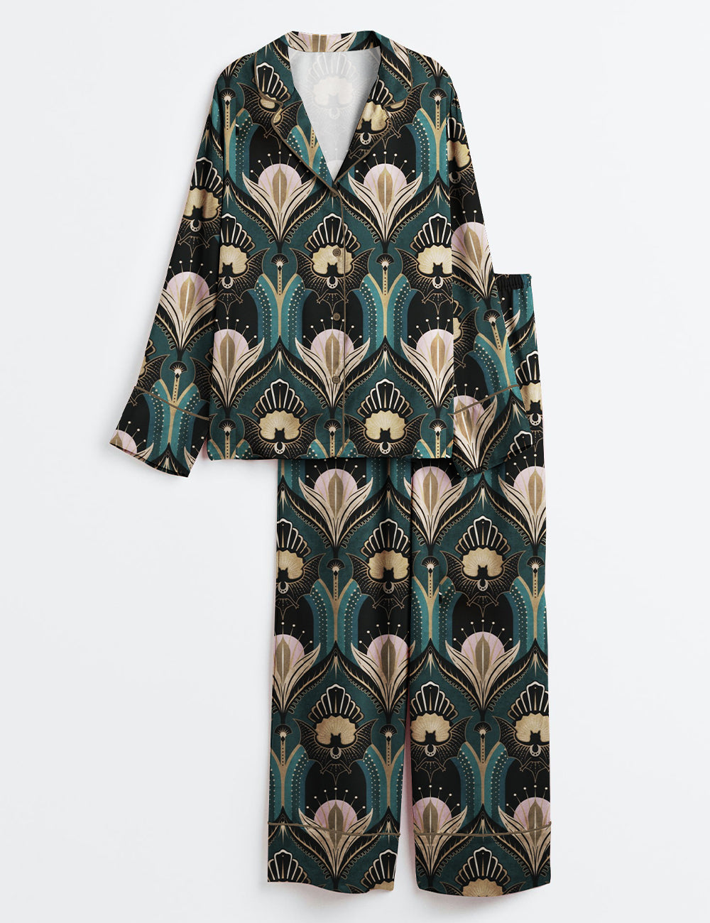 Women’s Vintage Elegant Art Deco Bats And Flowers Teal Fan Print Long Sleeve Satin Pajama Set