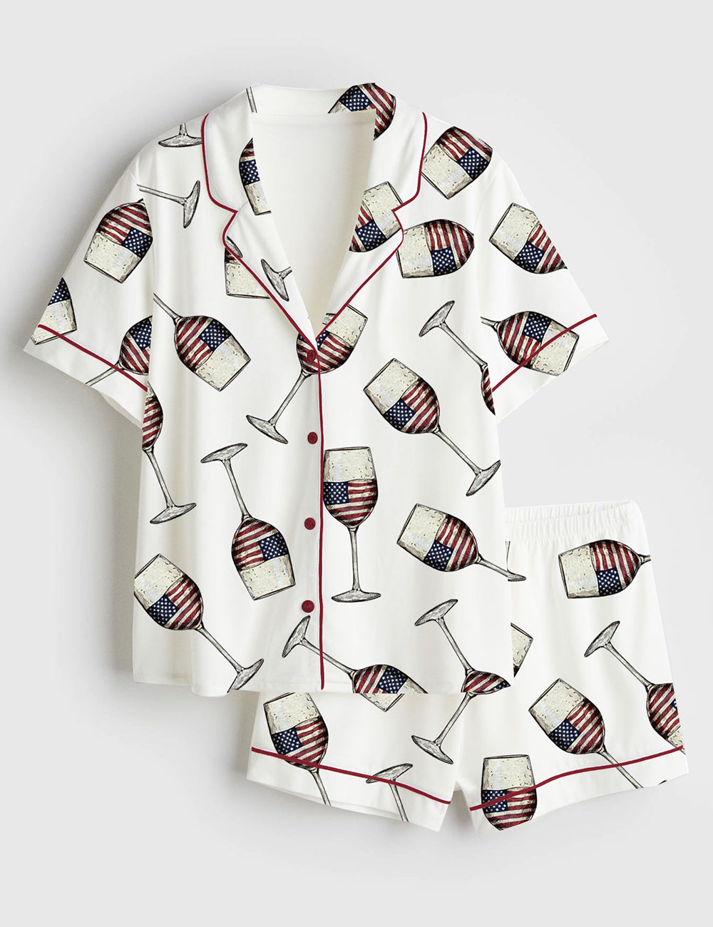 Women’s American Flag 4th Of July USA Wine Print Short Sleeve Satin Pajama Set