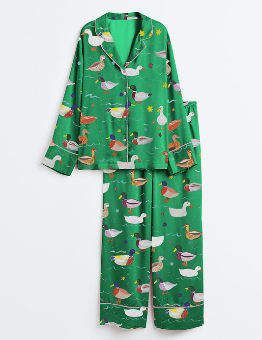 Women’s Colorful Duck Hunting Long Sleeve Satin Pajama Set