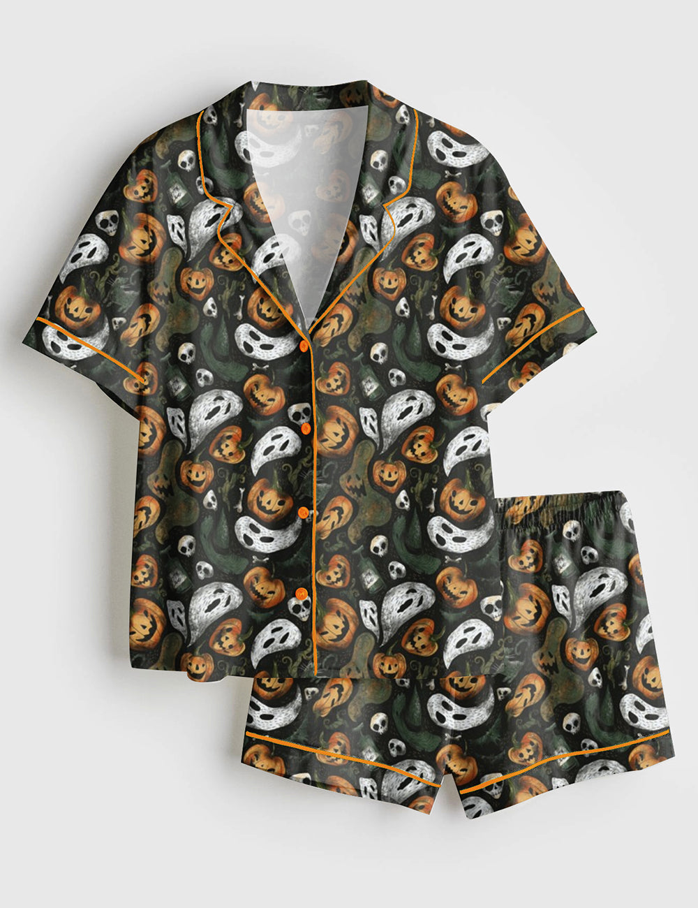Women’s Halloween Party Ghost Pumpkin Short Sleeve Satin Pajama Set