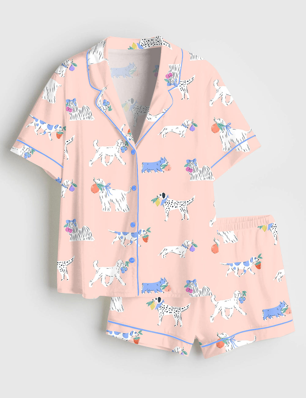 Women’s Cute Dogs Fruit Art Short Sleeve Satin Pajama Set