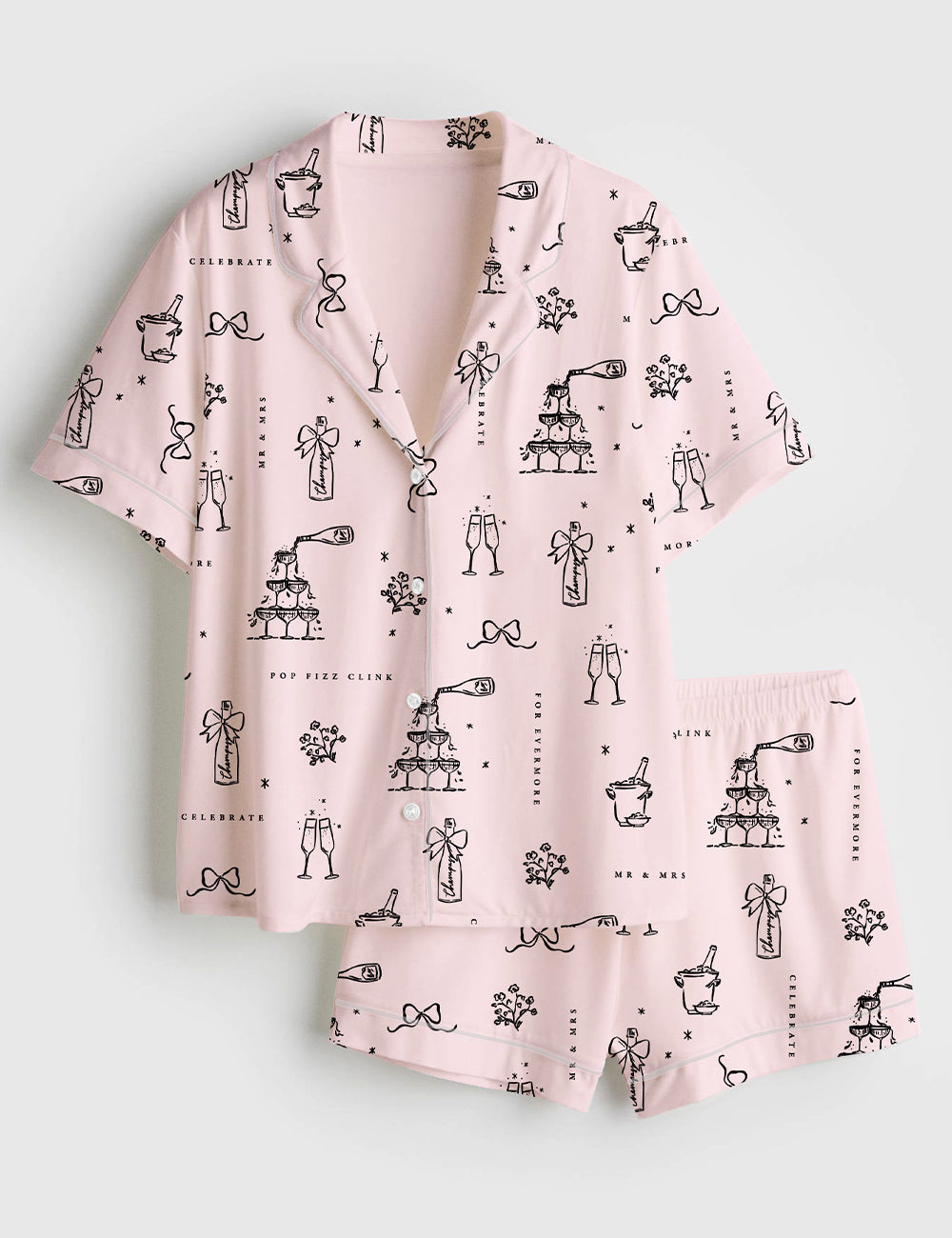 Women’s Wedding Bridal And Champagne Short Sleeve Satin Pajama Set