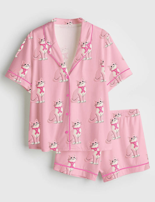 Women’s Cat In Pink Clothes Breast Cancer Awareness Short Sleeve Satin Pajama Set