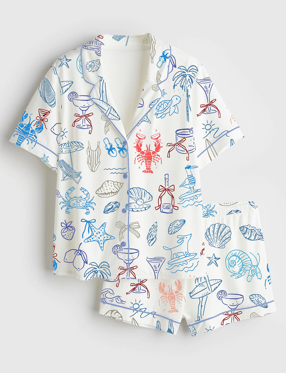 Women’s Summer Beach Coastal Ocean Nautical Seaside Bachelorette Party Cocktail Print Short Sleeve Satin Pajama Set