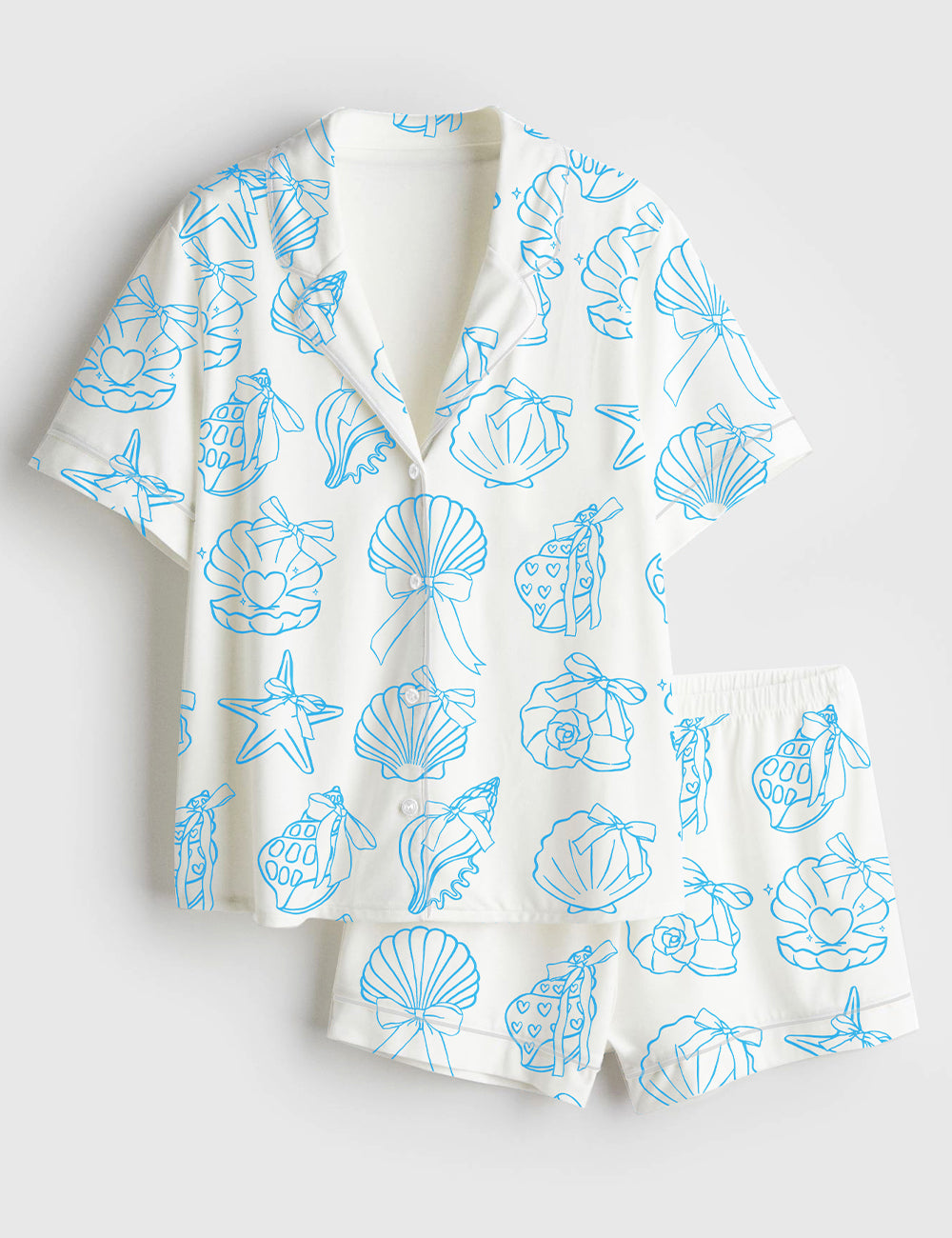 Women’s Retro Coquette Seashell Sea Pastel Coastal Summer Girly Shell With Bow Preppy Fisherman Aesthetic Print Short Sleeve Satin Pajama Set