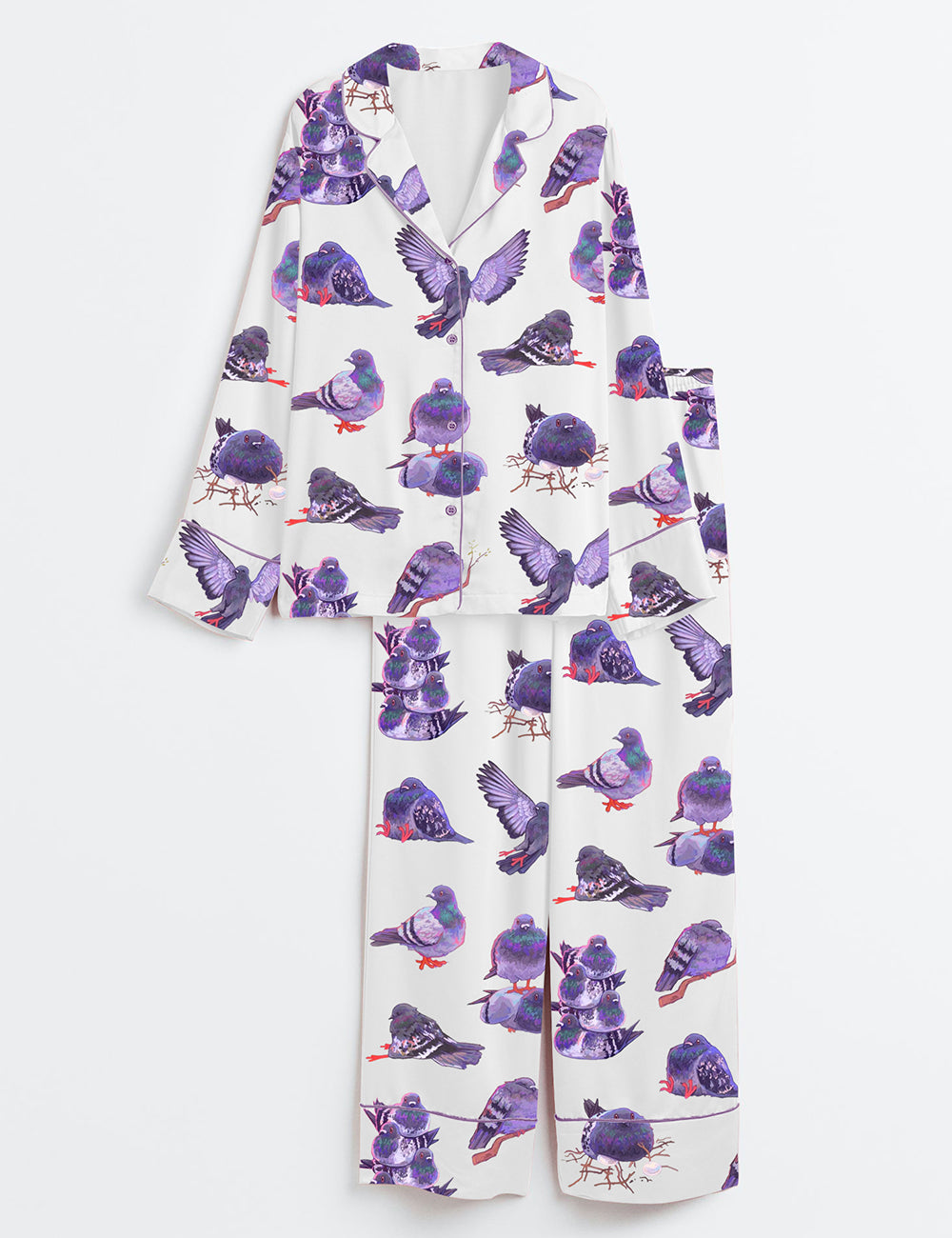 Women’s Pigeon Art Long Sleeve Satin Pajama Set