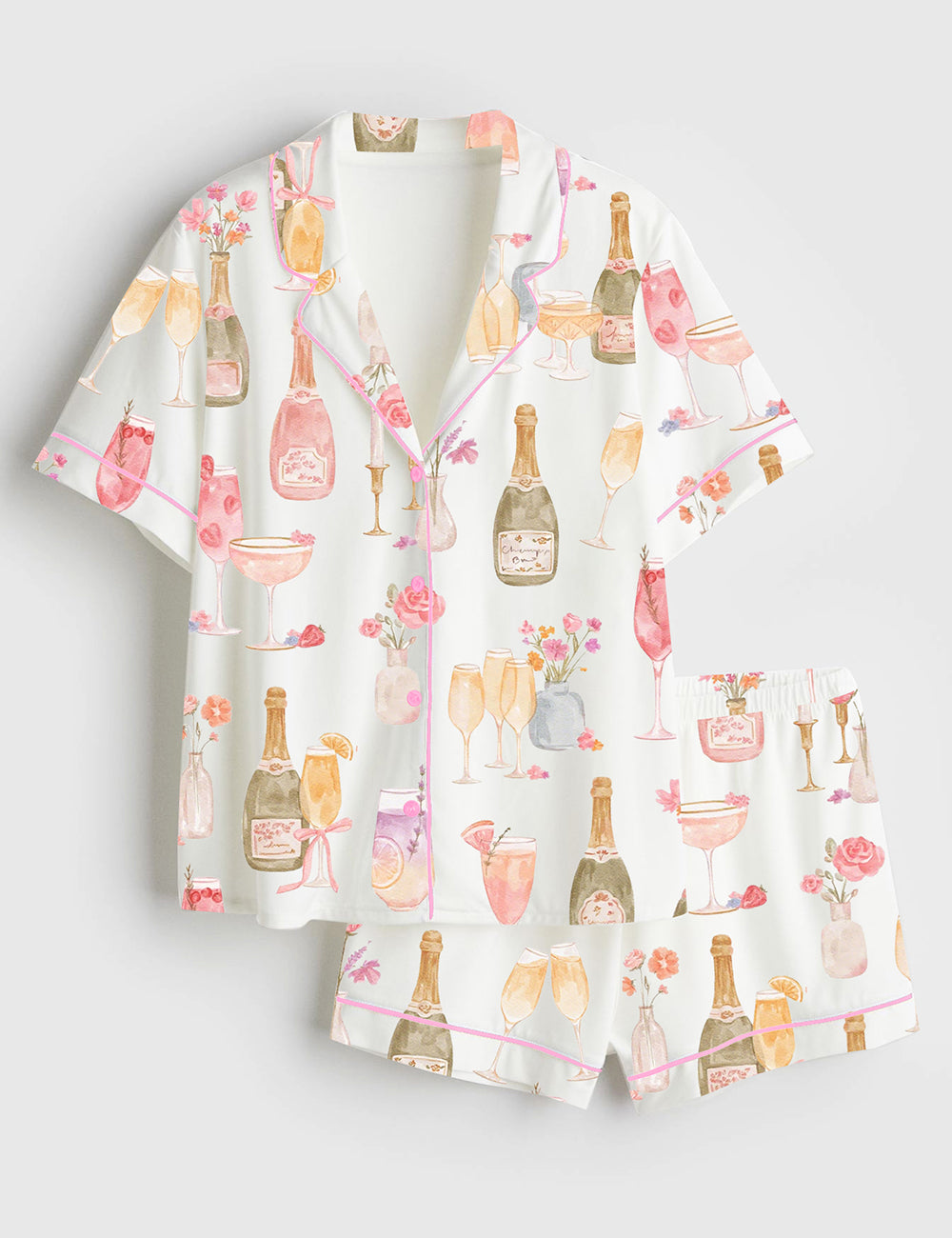 Women’s Watercolor Champagne Mimosa Cheers Brunch Floral Cocktail Rose Candles Wedding Party Print Short Sleeve Satin Pajama Set