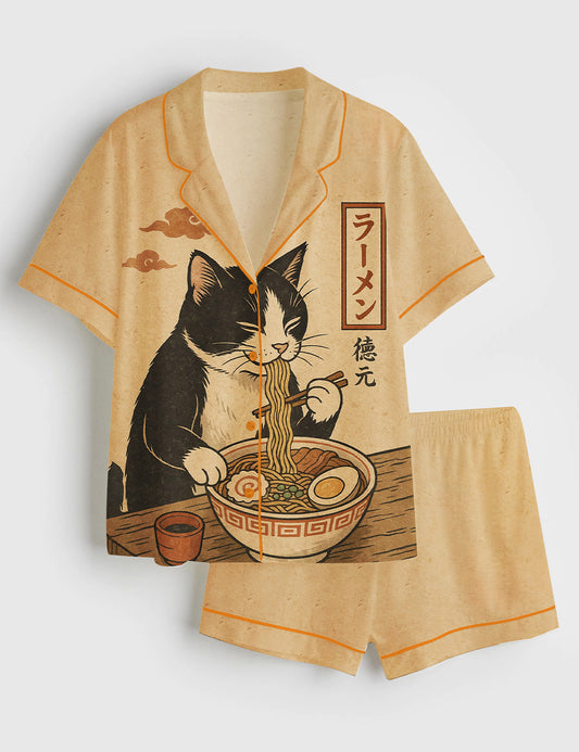 Women’s Japanese Cat Eating Ramen Short Sleeve Satin Pajama Set