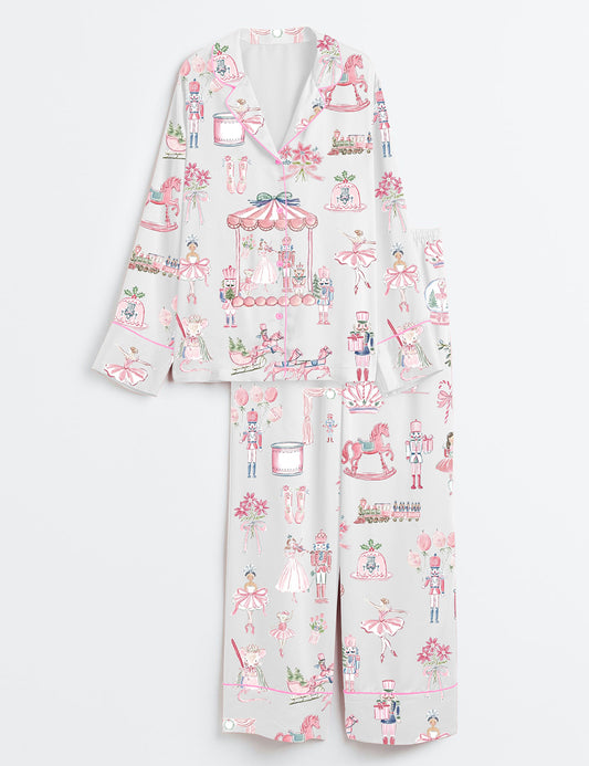 Women’s Pink Nutcracker Pastel Christmas Ballerina Holiday Long Sleeve Satin Pajama Set