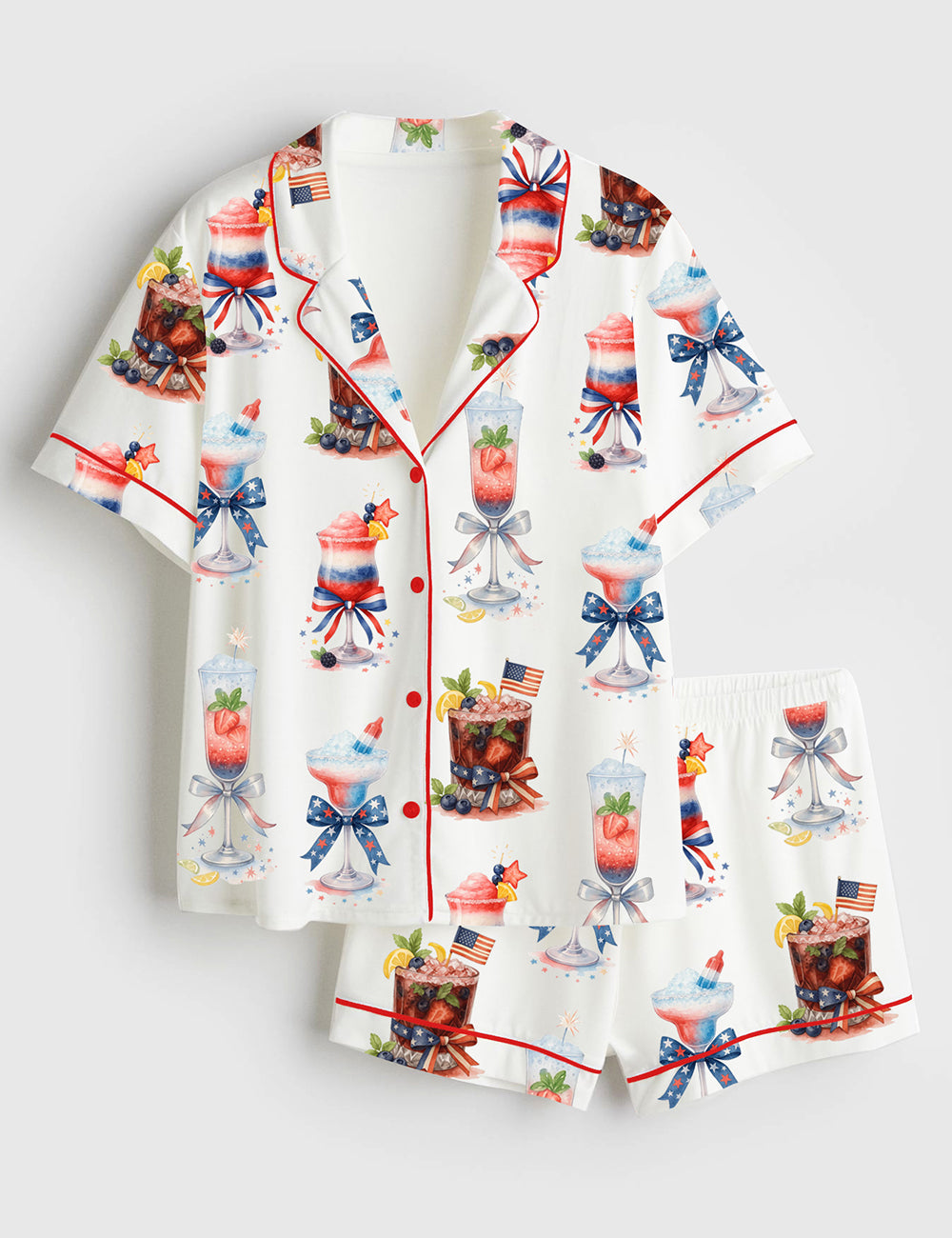 Women’s 4th Of July Champagne Cocktail Patriotic Sparkler Cocktail Short Sleeve Satin Pajama Set