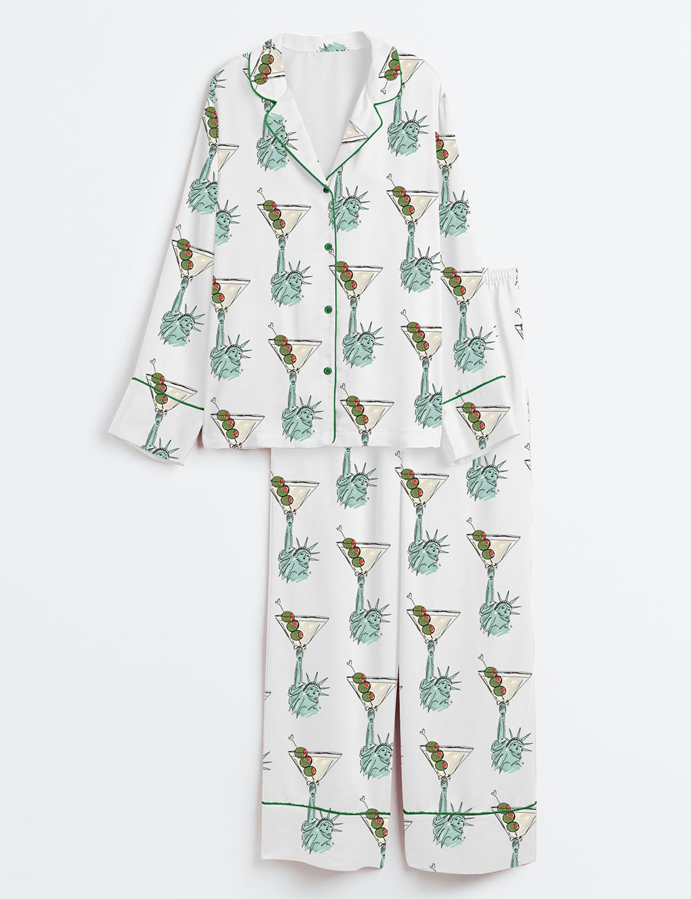 Women’s USA Statue of Liberty Holding Martinis Weenies and Tinis Bachelorette Long Sleeve Satin Pajama Set