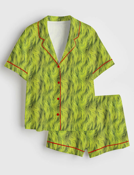Women’s Christmas Grinch Green Fur Short Sleeve Satin Pajama Set