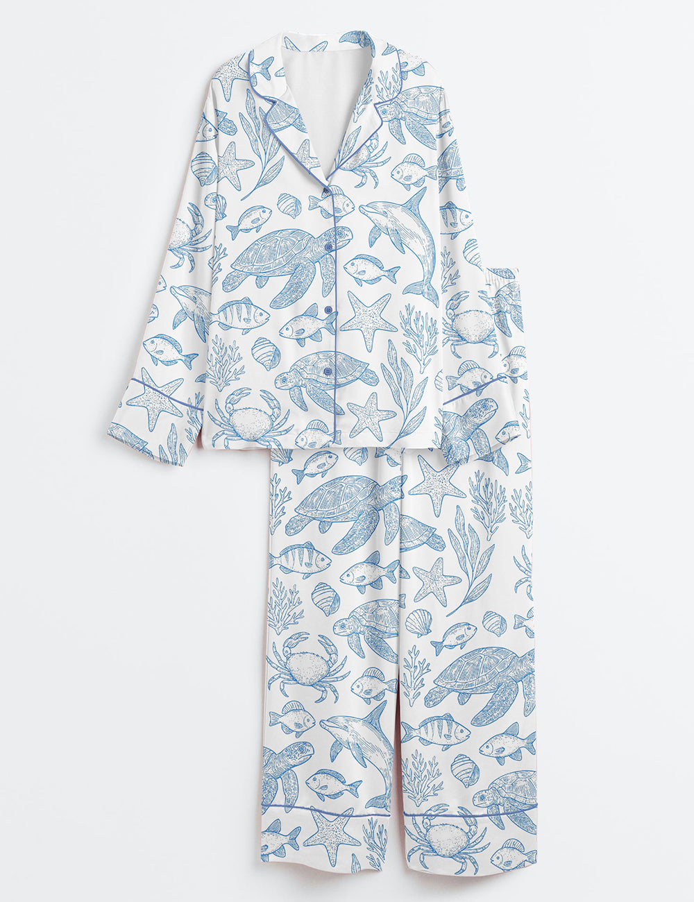 Women’s When You Go Through Deep Waters Christian Ocean Animal Trendy Beach Oversize Scripture Print Long Sleeve Satin Pajama Set