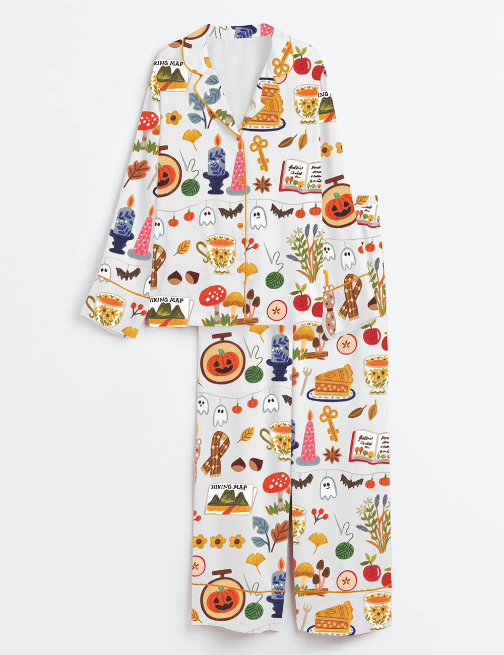 Women’s Spooky Halloween Autumn Candle Coffee Cake Mushroom Wool Scarf Pumpkin Bat Long Sleeve Satin Pajama Set