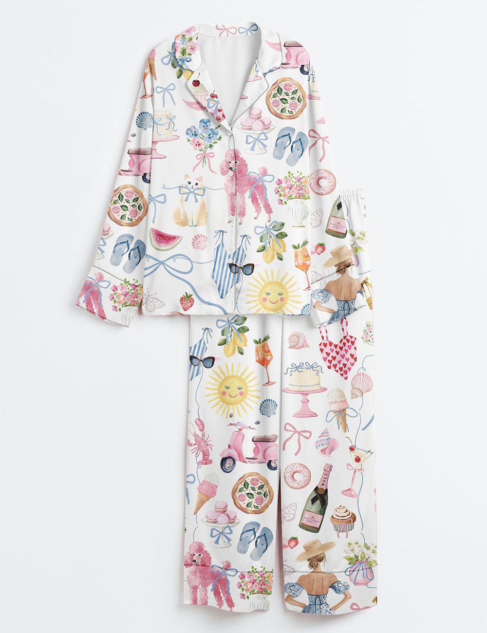 Women’s Whimsical Wedding Dolce Vita Wedding Coquette Mediterranean Aperol Beach Travel Dog Champagne Beach Long Sleeve Satin Pajama Set