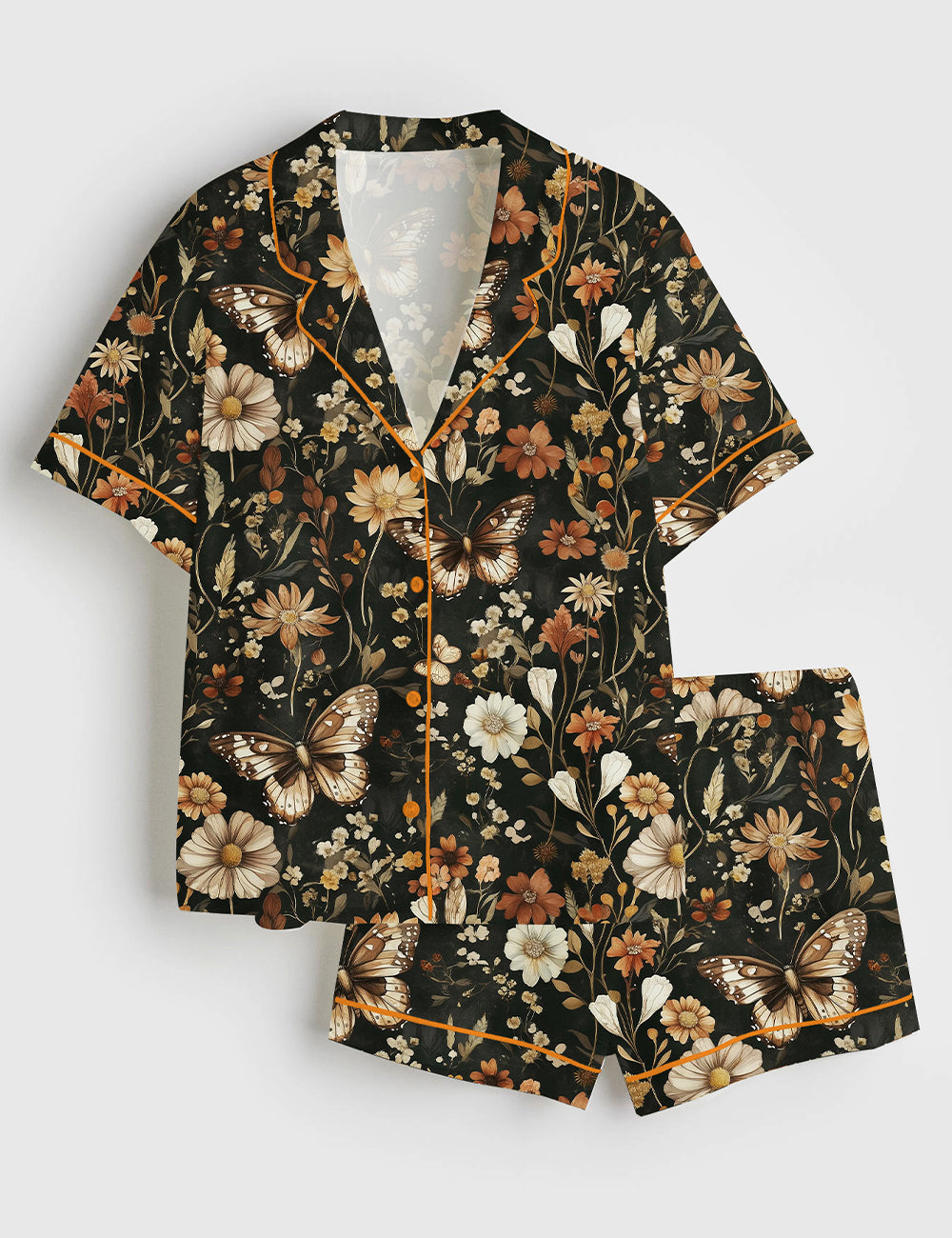 Women’s Dark Fall Floral Autumn Butterfly Night Garden Short Sleeve Satin Pajama Set