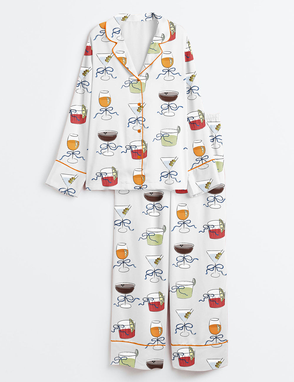 Women’s Cocktail Glass With Bow Hand Drawn Whimsical Dirty Martini Spritz Negroni Margarita Icon Clip Art Long Sleeve Satin Pajama Set