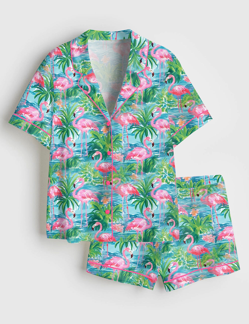 Women’s Flamingo Fling Summer Beach Bachelorette Plant Short Sleeve Satin Pajama Set