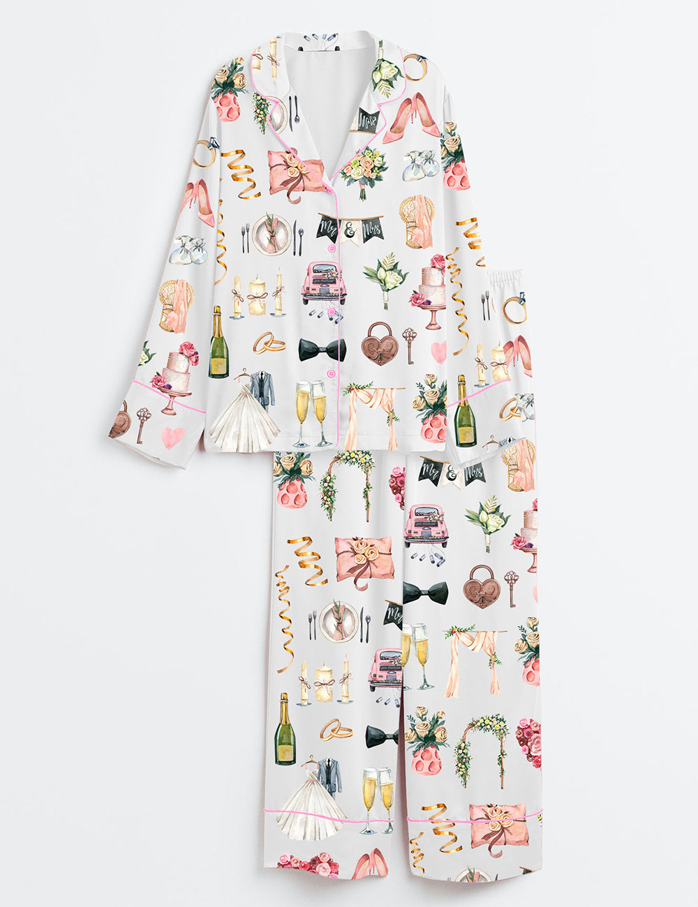 Women’s Wedding Watercolor Bride Marriage Clipart Long Sleeve Satin Pajama Set