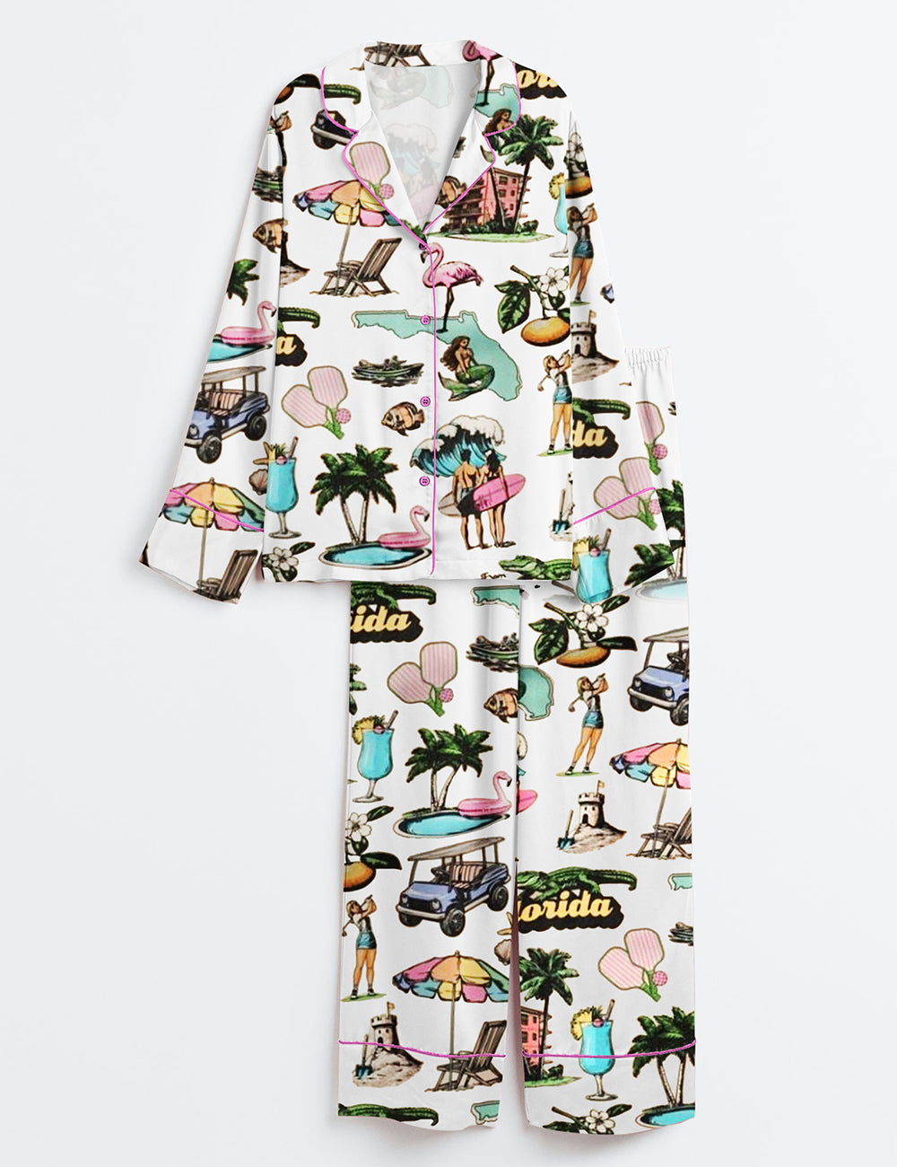 Women’s Retro Florida Palm Trees Mermaid Golf Pickleball Long Sleeve Satin Pajama Set