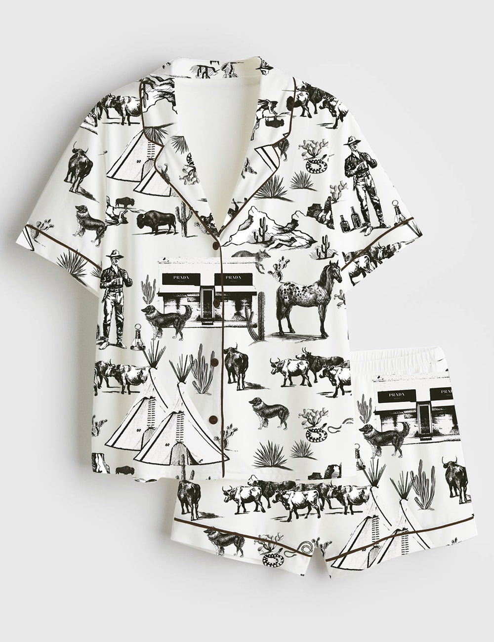 Women’s Wild West Adventure Western Cowgirl Print Short Sleeve Satin Pajama Set