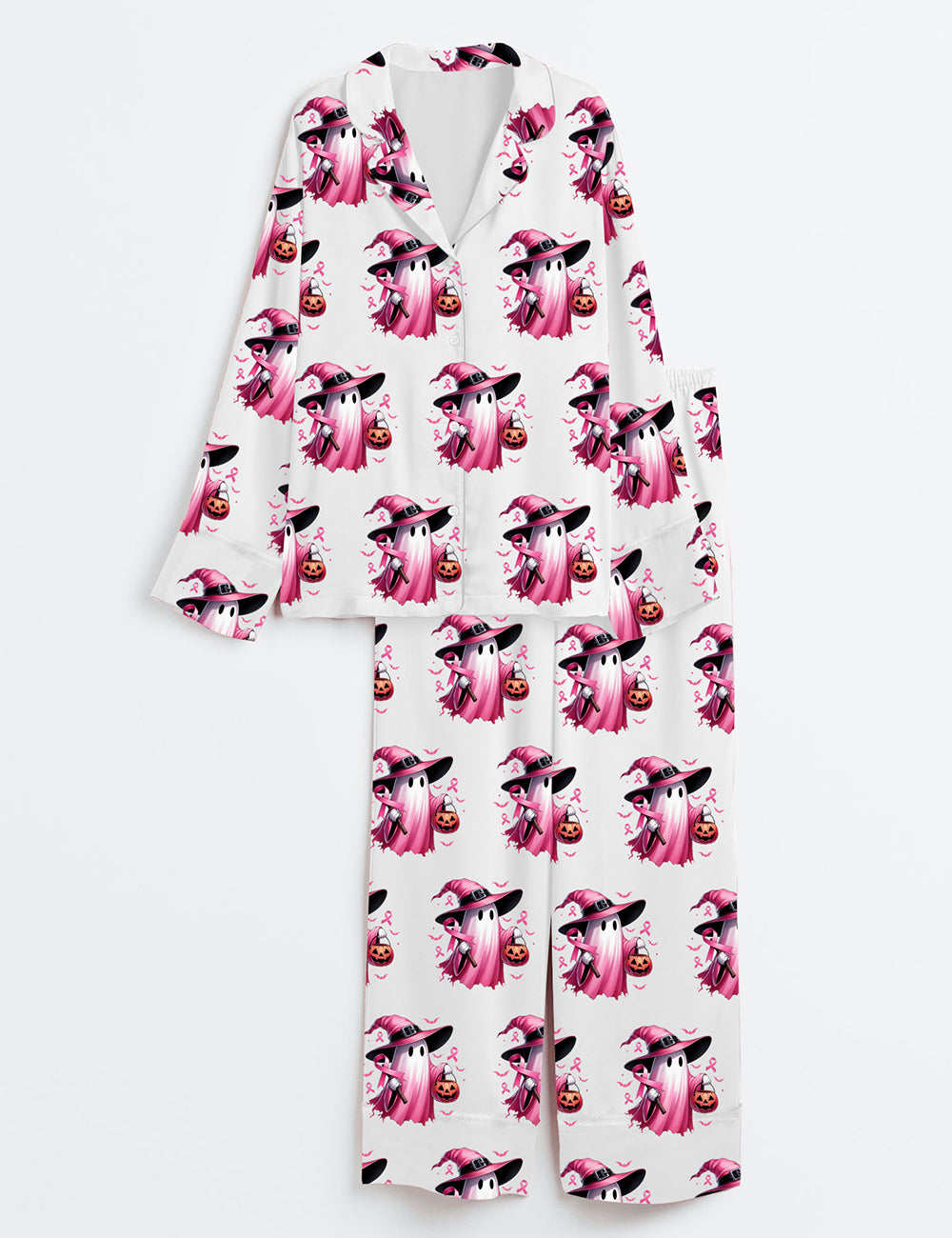 Women’s In October We Wear Pink Breast Cancer Awareness Halloween Pink Ghost Long Sleeve Satin Pajama Set