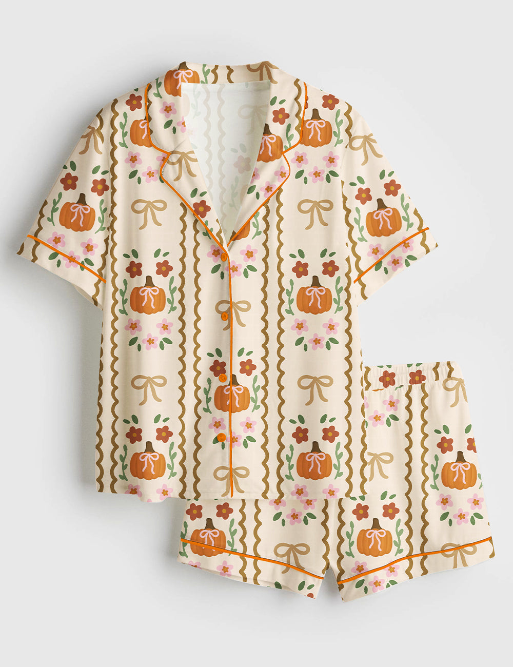 Women’s Coquette Fall Retro Fall And Halloween Pumpkin Coquette Bows Flowers Print Short Sleeve Satin Pajama Set