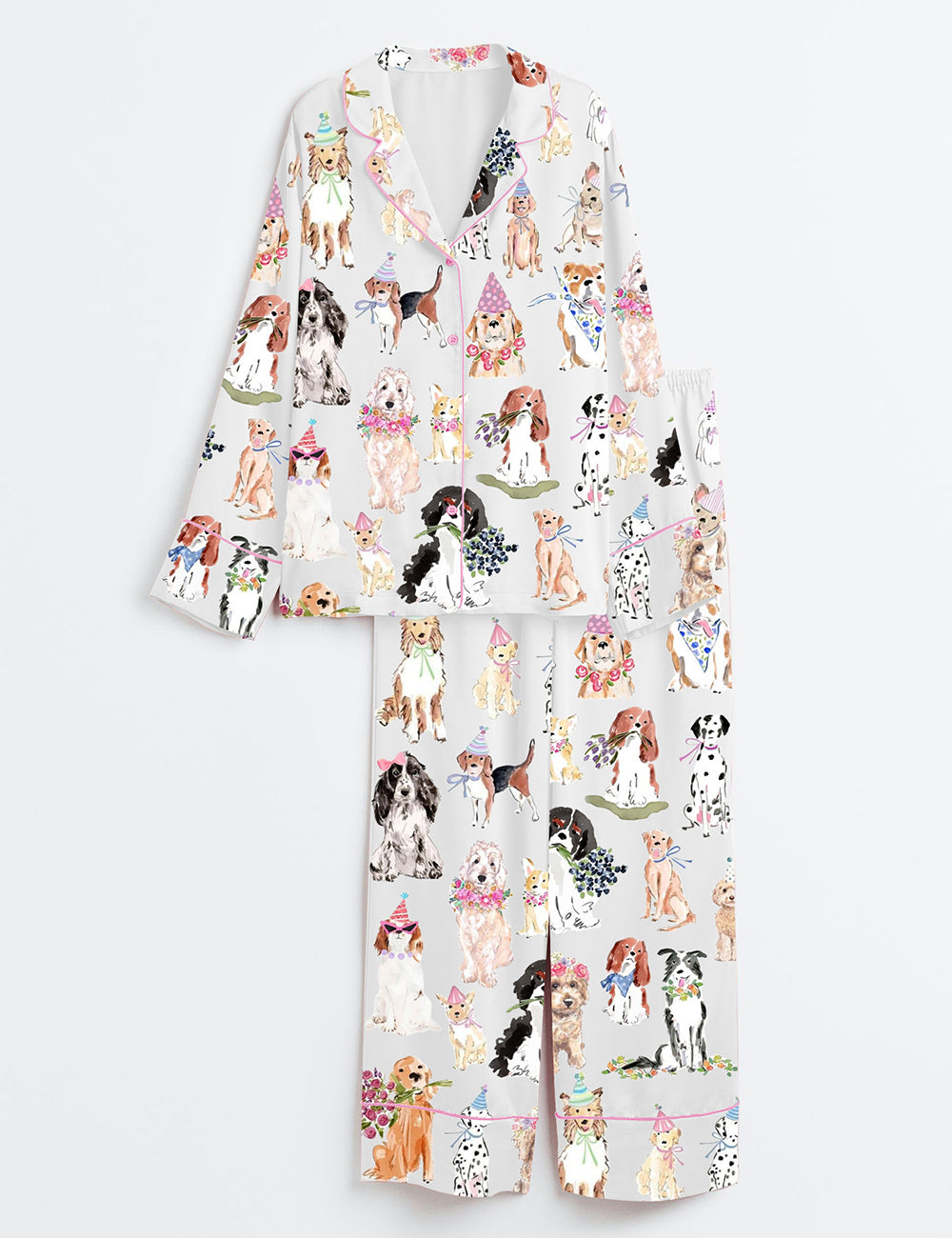 Women’s Happy Dog Flower Dog Coquette Dog Long Sleeve Satin Pajama Set