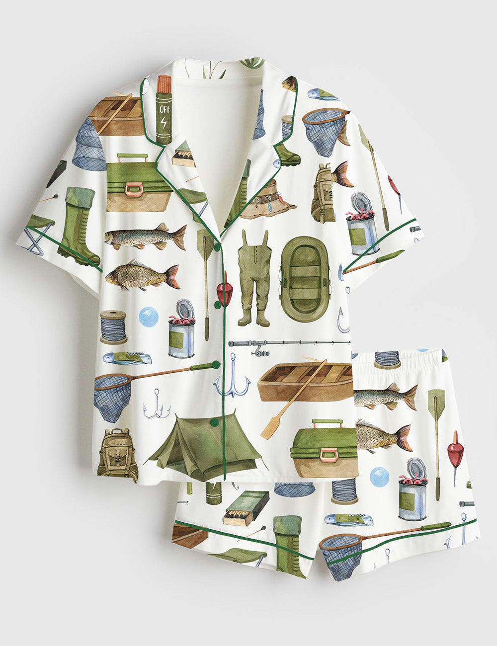 Women’s Watercolor Fishing Travel Camping Summer Short Sleeve Satin Pajama Set