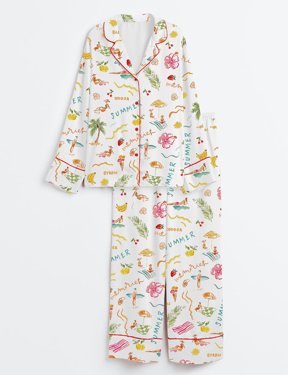 Women’s Summer Memories Fruity Cocktails Tropical Trees Sandy Beaches Long Sleeve Satin Pajama Set