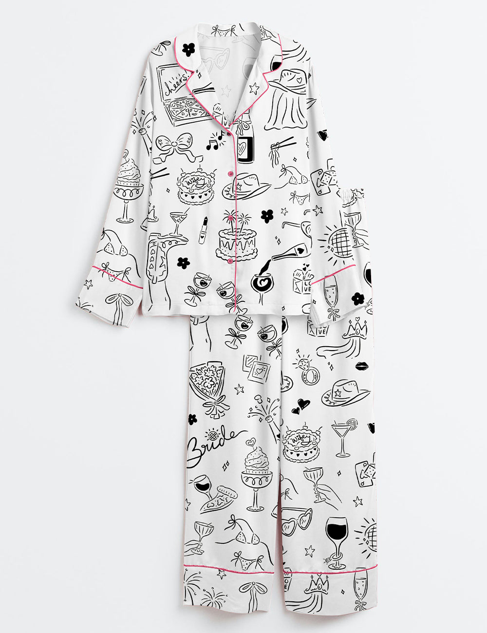 Women’s Hand Drawn Bachelorette Whimsical Girls Night Bach Party Print Long Sleeve Satin Pajama Set