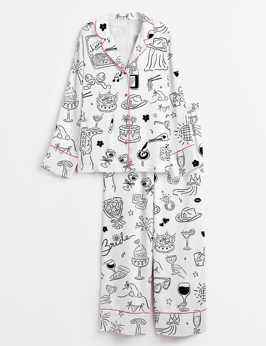 Women’s Hand Drawn Bachelorette Whimsical Girls Night Bach Party Print Long Sleeve Satin Pajama Set