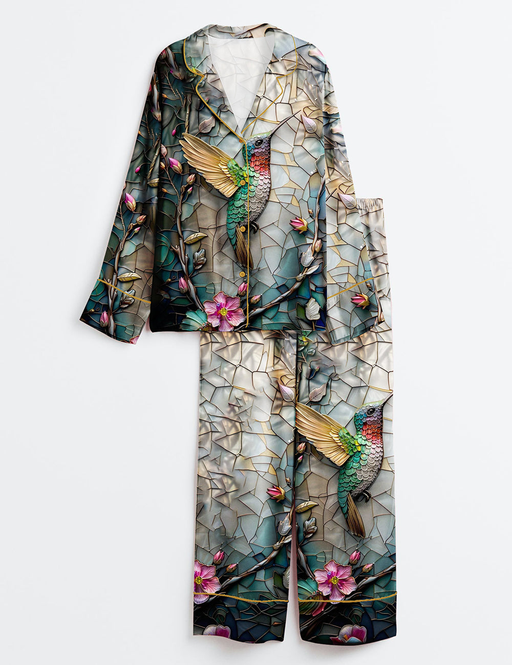 Women's Hummingbird Bird Lovers Long Sleeve Satin Pajama Set