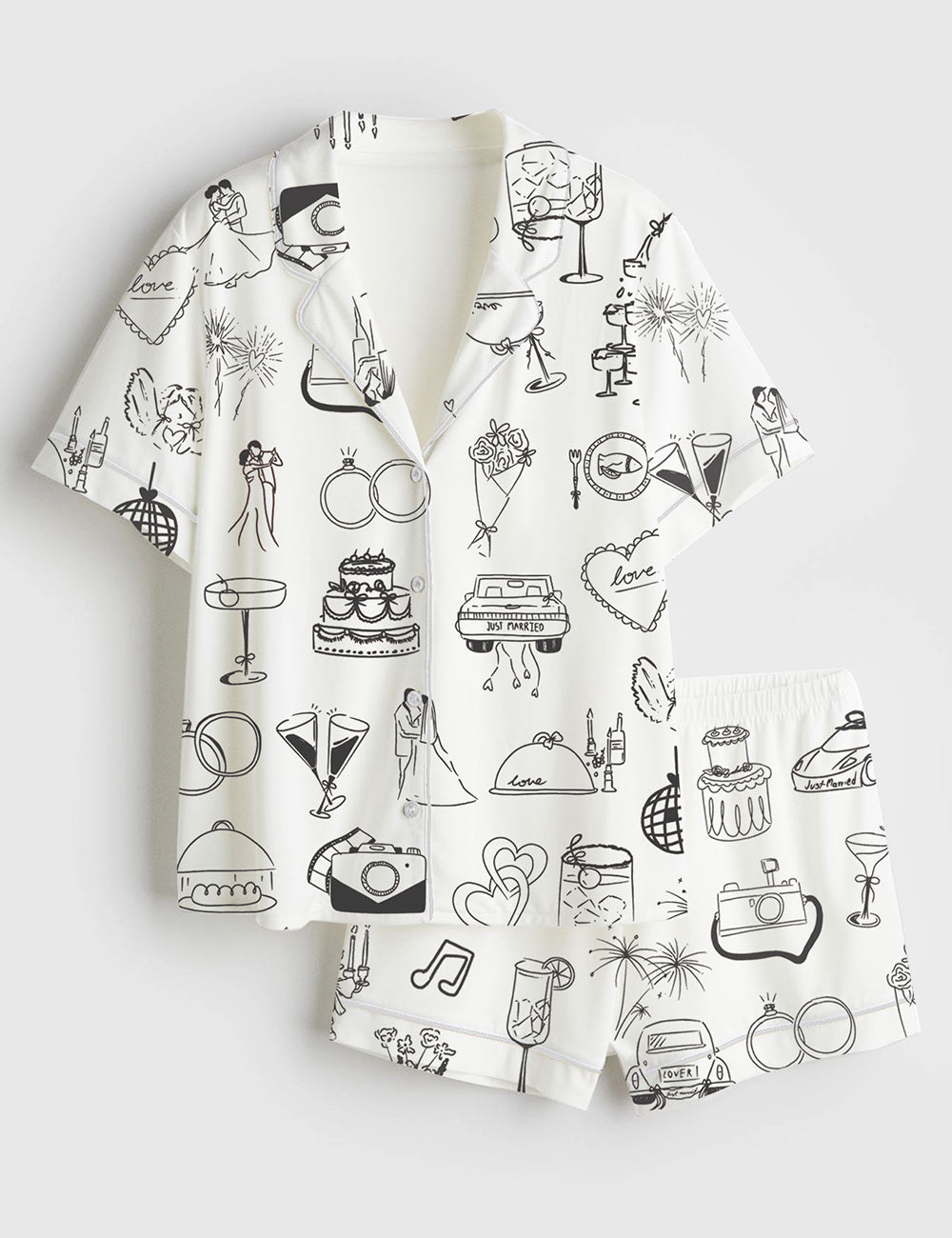 Women’s Whimsical Hand Drawn Wedding Timeline Icons Champagne Wedding Print Short Sleeve Satin Pajama Set