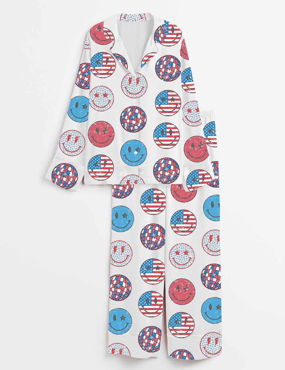 Women’s Patriotic Stars Stripes USA Flag 4th Of July American Flag Independence Day Red White Blue Smile Face Long Sleeve Satin Pajama Set